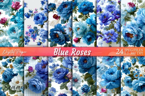 Blue Roses Floral Vintage Botanical Paper Pack