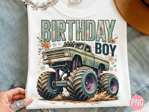 Elevate Your Designs with the Birthday Boy Monster Truck Floral PNG